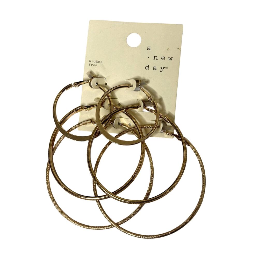 A New Day Gold Toned Nickle Free Hoop Earrings 3 Pair Pack OS NWT